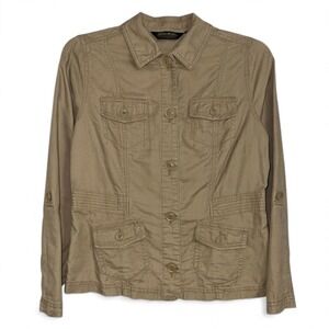 Eddie Bauer Women Tan Linen Cotton‎ Utility Jacket Button Up Roll Tab Sleeve M
